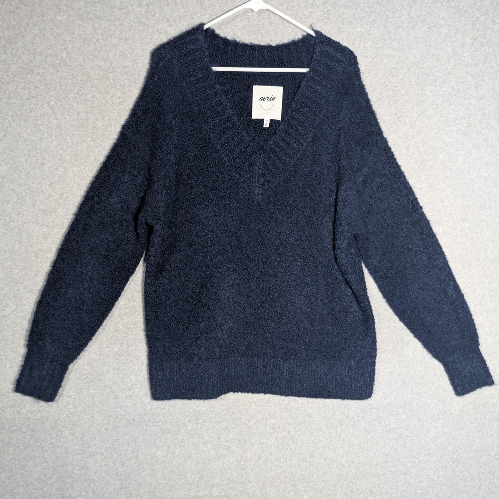 Aerie V-Neck Sweater Womens Small Navy Blue Boucle Knit Pullover Oversized